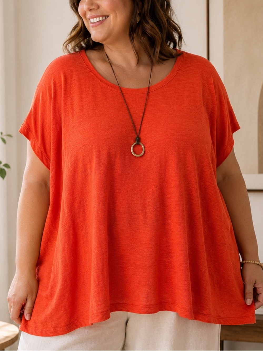 Eileen Fisher 2X Organic Linen Knit Boxy Tee Top Orange Coral Plus Size